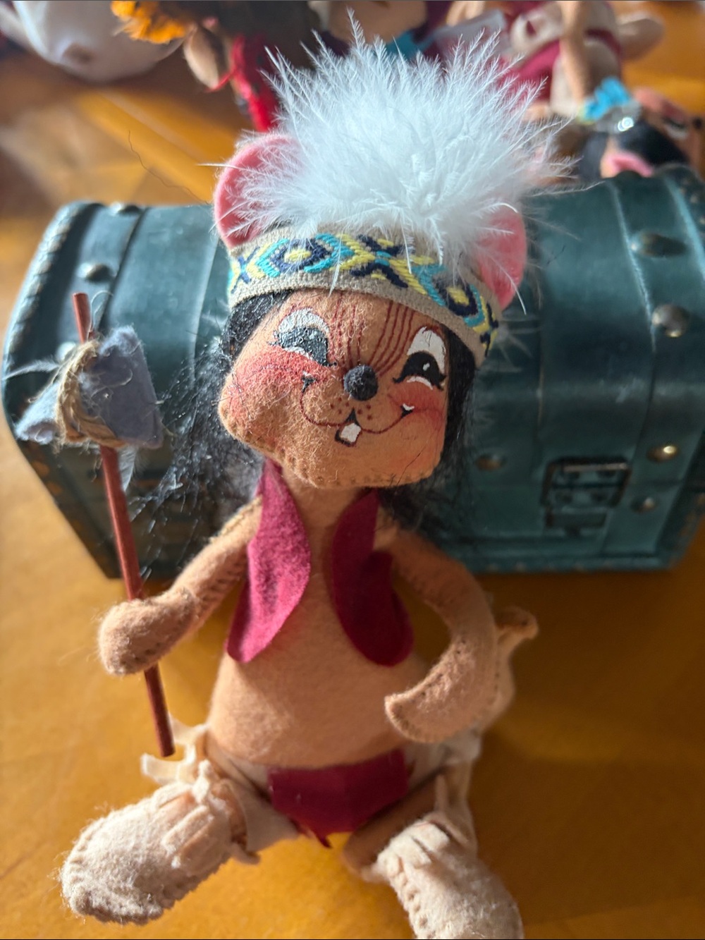 Annalee Tan and Pink Native Doll with Blue Feathered Headdress